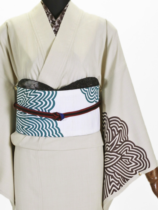 半巾帯0195-05本麻 絞り×縞ボタン(シロ・グリーン) 麻半巾帯