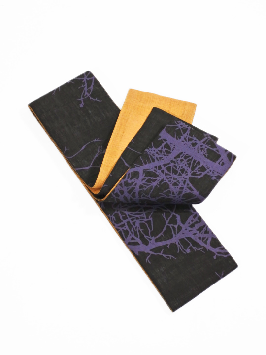半巾帯0197-03本麻 枝シルエット(クロ・ムラサキ) 麻半巾帯