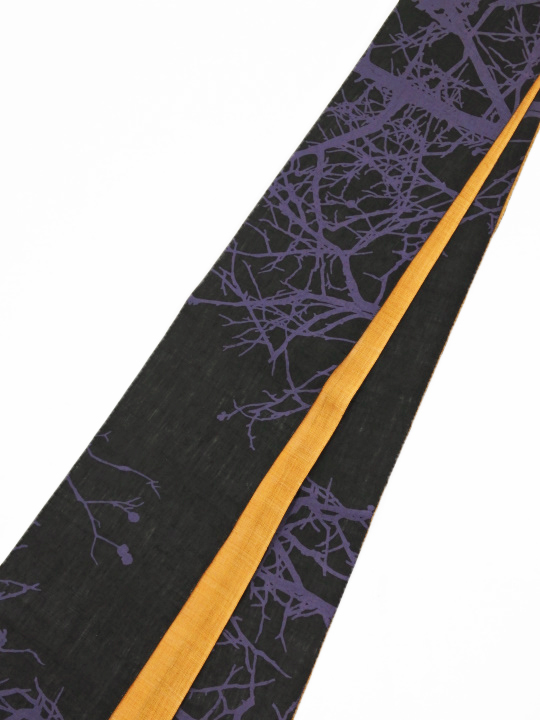 半巾帯0197-03本麻 枝シルエット(クロ・ムラサキ) 麻半巾帯