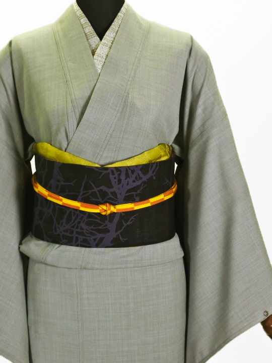 半巾帯0197-03本麻 枝シルエット(クロ・ムラサキ) 麻半巾帯