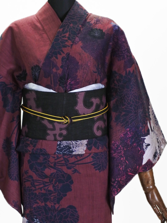 半巾帯0199-01本麻 絞り×タトゥ(クロ・ワイン) 麻半巾帯 JOTARO