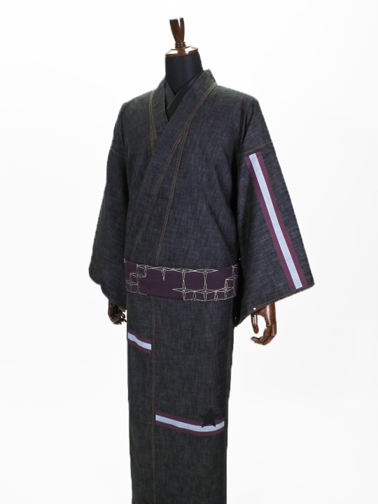 メンズデニム 6.5OZ ボーダー・刺繍星（BK×金茶） デニムキモノ