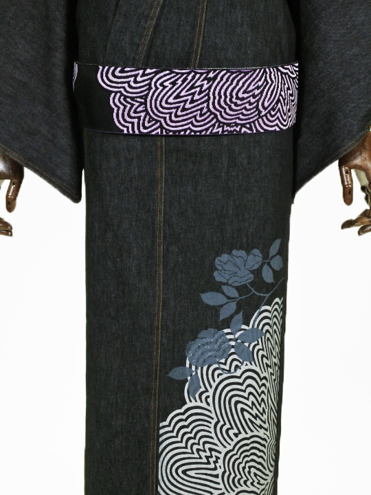 メンズデニム 13OZ 縞ボタン・椿（BK×金茶） デニムキモノ JOTARO SAITO