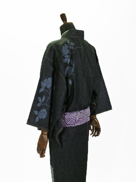 メンズデニム 13OZ 縞ボタン・椿（BK×金茶） デニムキモノ