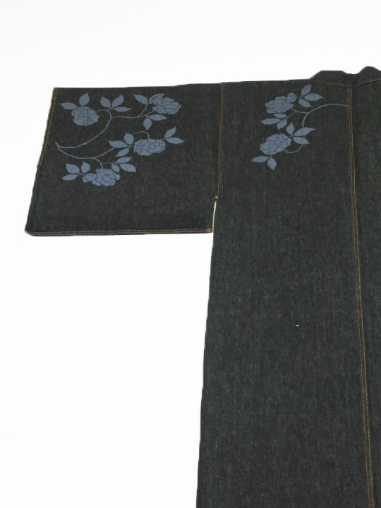 メンズデニム 13OZ 縞ボタン・椿（BK×金茶） デニムキモノ