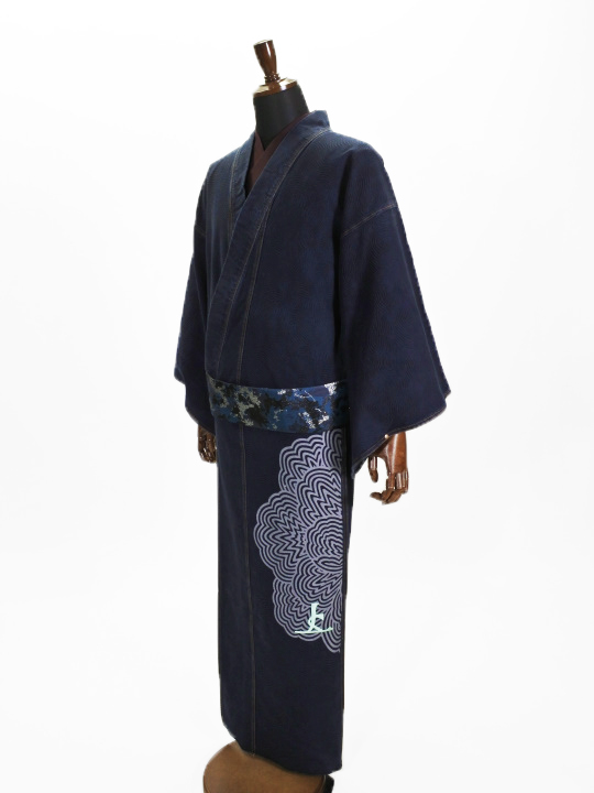 メンズ ジャガードペイズリー 縞ボタン・刺繍上ロゴ②（濃BU） デニム