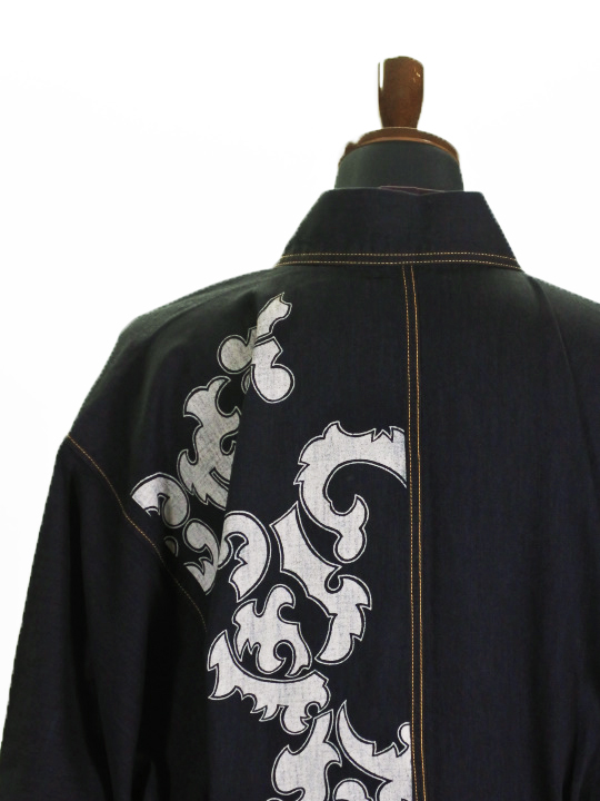 メンズデニム 6.5OZ縞ボタン花紋（濃BK×金茶） デニムキモノ JOTARO SAITO