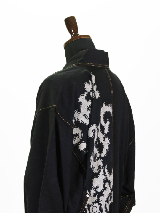 新品未開封　完売品　 キモノの粒〈M〉墨クロ 裾よけ メンズデニム 6.5OZ縞ボタン花紋（濃BK×金茶） デニムキモノ