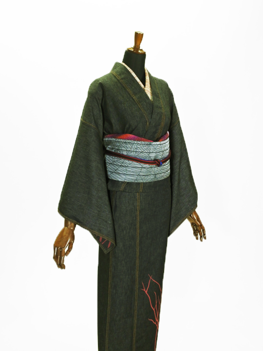 レディースデニム6.5OZ 木立②（BK×金茶）F デニムキモノ JOTARO SAITO